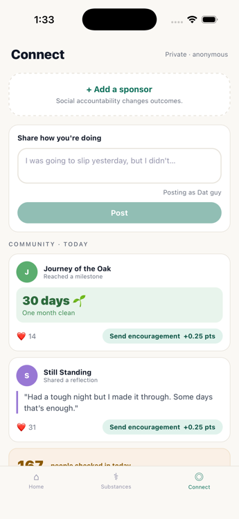 Soberr Connect community screen showing anonymous posts and encouragement