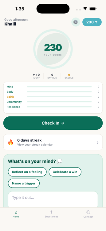 Soberr home screen showing a wellness score of 230 and five score dimensions
