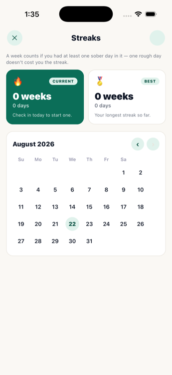Soberr streaks screen showing weekly streak calendar